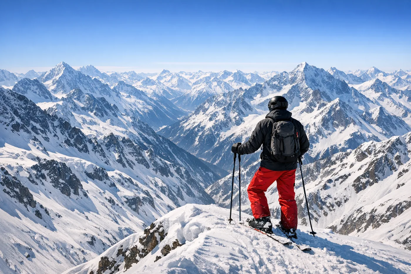 Skifahrer mit Blick über schneebedeckte Alpengipfel
