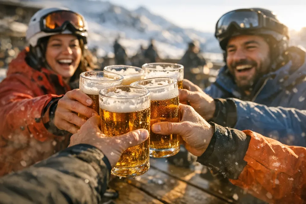 Anstoßen auf der sonnigen Après-Ski-Terrasse