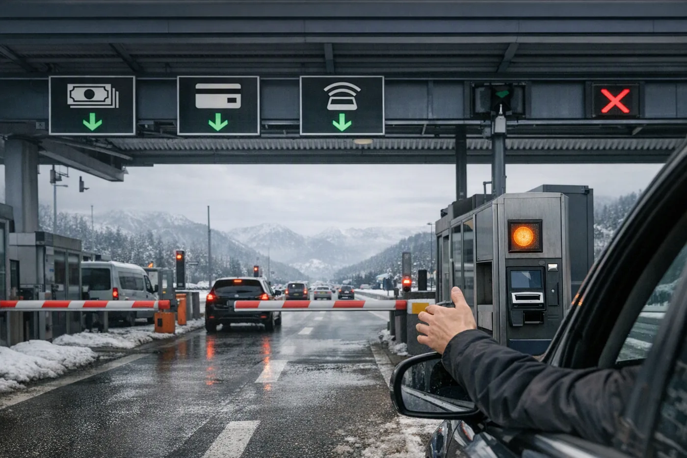 Mautstation auf einer Autobahn in den Alpen mit Symbolen für Bargeld, Karte und Mautbox