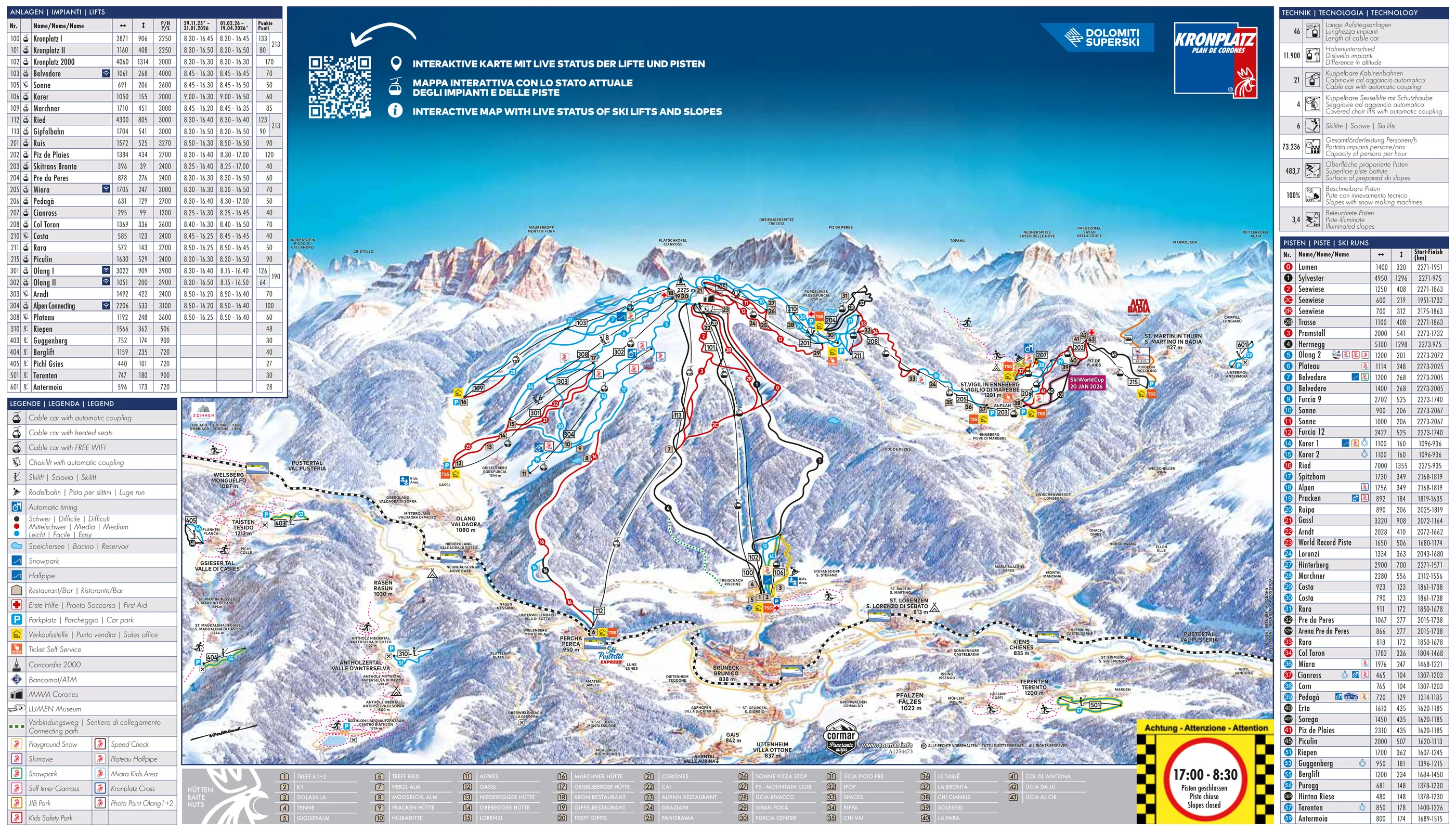 Pistenplan von Kronplatz, Pisten, Lifte und Abfahrten