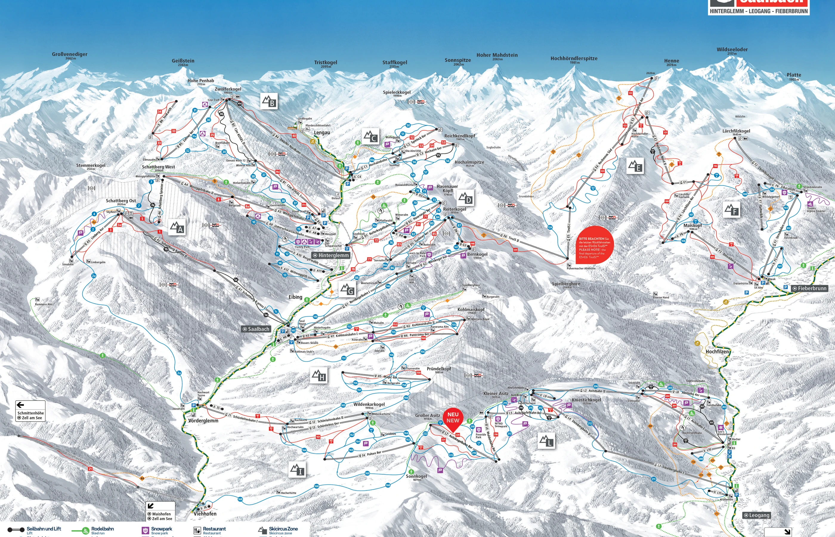 Pistenplan von Saalbach, Pisten, Lifte und Abfahrten