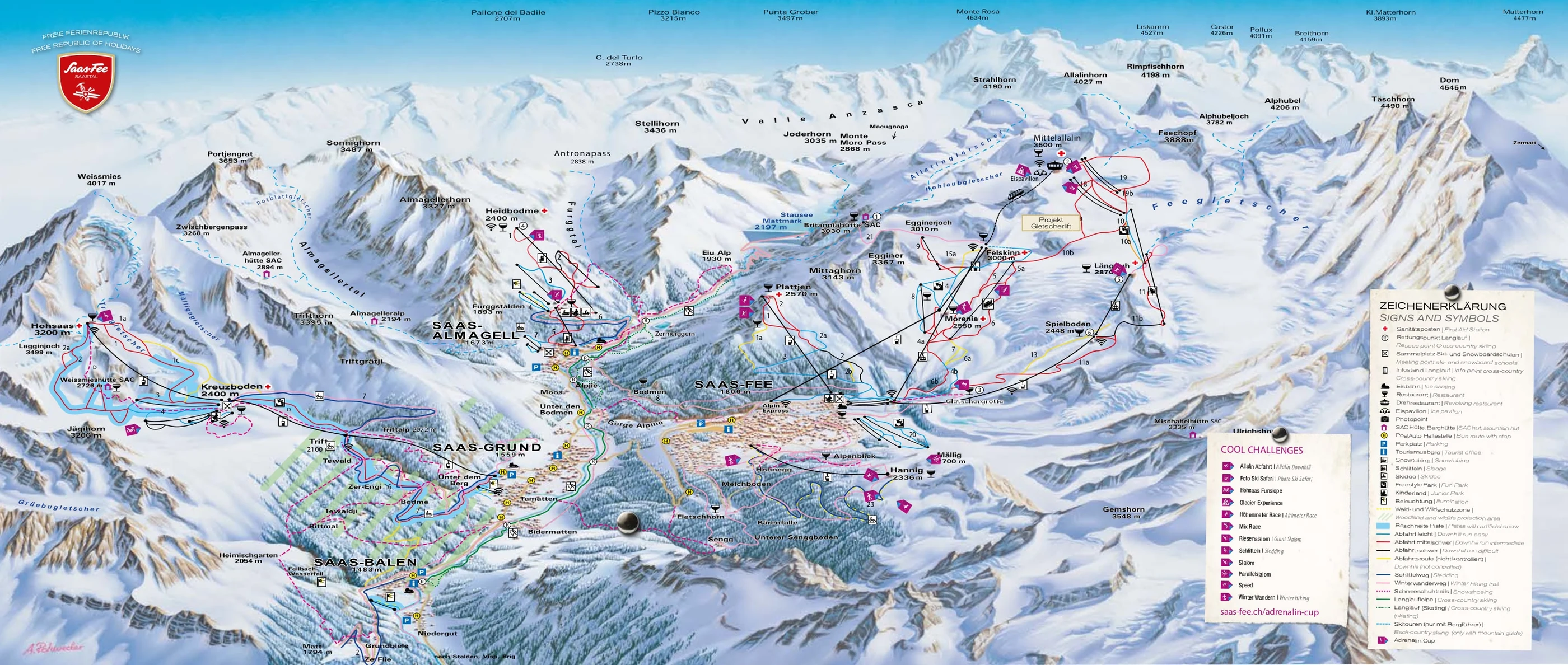 Pistenplan von Saas-Fee, Pisten, Lifte und Abfahrten
