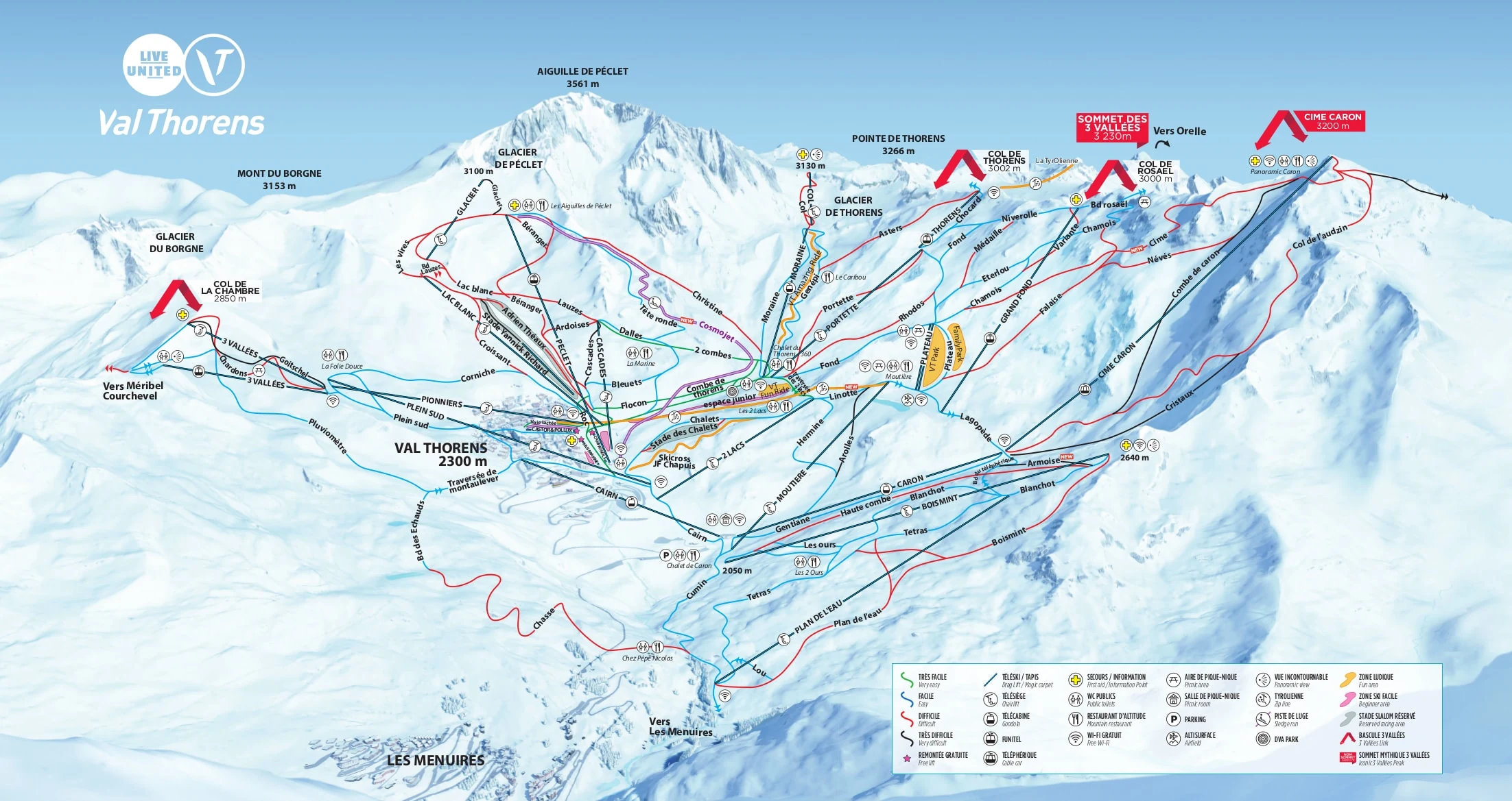 Pistenplan von Val Thorens, Pisten, Lifte und Abfahrten